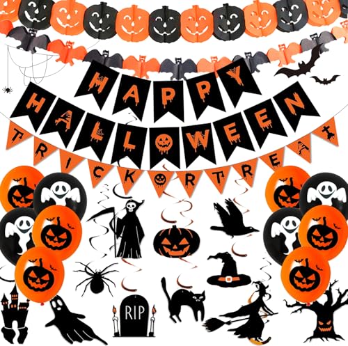 Halloween Deko Set, Halloween Dekoration Innen, Happy Halloween Dekoration Girlande, Große Fledermaus, Kürbisse und Spinnen Wimpelgirlande, Grusel Fotorequisiten, Ballons fur Halloweenparty Kinder