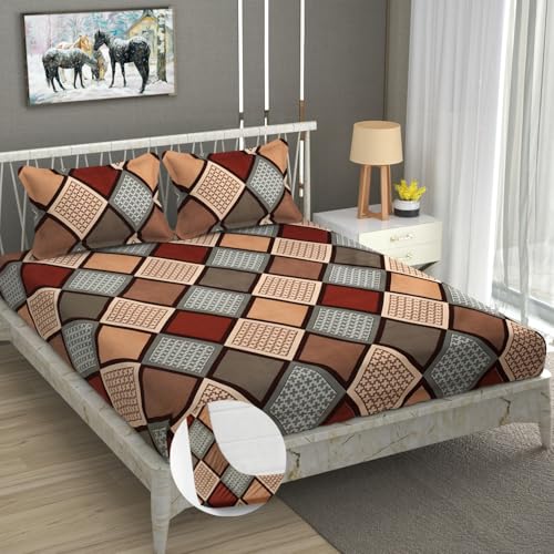 Image of Premium Heavy Cotton Elastic Fitted Bedsheets with 2 King Size Pillow Covers | Diwan Bed with All Around Elastic 350 TC | 48 x 78 x 6 Inch Diwan Size Fitted | :- Multi Box