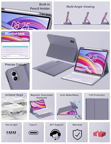 Image of Keyboard Case for Redmi Pad Pro / Xiaomi Poco Pad 12.1 Inch Case with Backlit Keypad, Detachable Wireless Key Board Cover with Pen Holder for Xiaomi Redmi Pro 12.1 inch 2024, 7-Color Backlight, Lavender