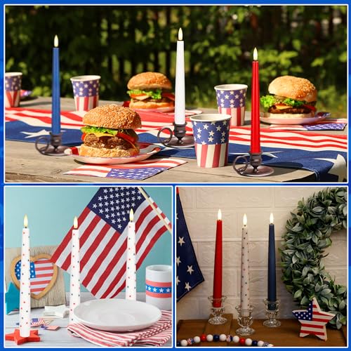 Image of Red White and Blue Star Candles, Flameless Taper Candles with 3D Wick, Real Wax 4th of July Flameless Candles with Remote, 9.6 inch Battery Operated Patriotic Led Candlesticks, 3 Pack