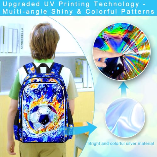 Image of HPJGD 3PCS Soccer Backpack for Boys, Water Resistant Kids Bookbag Set with Lunch Box, Cool School Bag for Elementary Preschool Toddler - Fire & Water Soccer