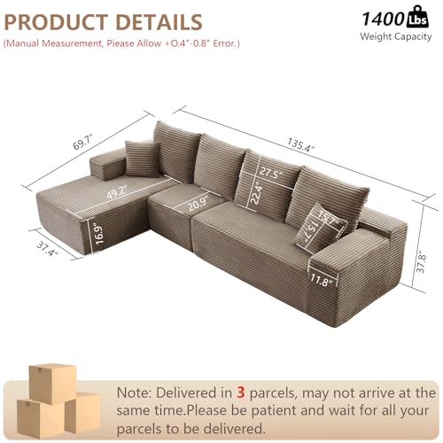 Image of 135.4 inch Modular Sectional Sofa, Modern Corduroy Cloud Couch with Deep Seat, Boneless Couch Upholstered 4-Seater L-Shaped Sofa for Living Room, No Assembly Required (Camel, Left-Facing Chaise)