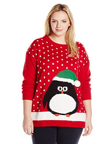 Notations Women's Plus-Size Fuzzy Penguin Ugly Christmas Sweater with 3D Santa Hat