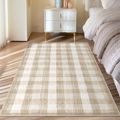 Image of Checkered Area Rug, 3x5, Beige | Washable, Non Slip, Modern Neutral, For Living Room Bedroom Office Patio Dining Room