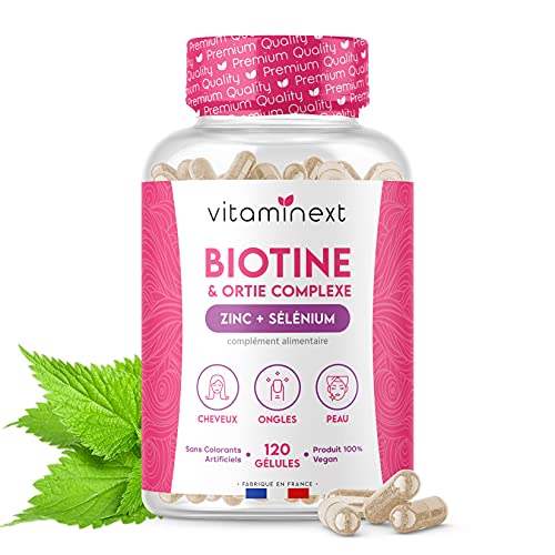 Biotine & Ortie Complexe | Beauté & Croissance des Cheveux, Ongles Renforcés, Éclat de la Peau | Zinc, Sélénium, B5 & B6 | 120 Gélules Végétales | 4 mois | 100% VNR | Fabriqué en France | VITAMINEXT Cover