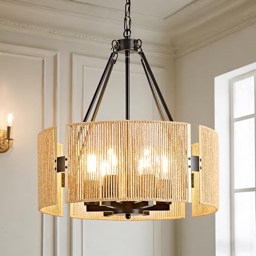 OKELI Large Farmhouse Chandeliers for Dining Room, 6-Light 19.7” Rattan Boho Chandeliers with Wicker Lampshade, Adjustable Hand-Woven Pendant Hanging Lighting for Kitchen Island,Living Room,Foyer(E26)