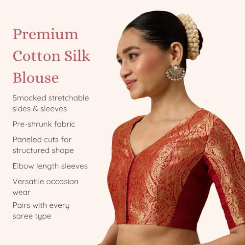 Image of Studio Shringaar Women's Brocade Side Stretch (Smocked) Readymade Saree Blouse