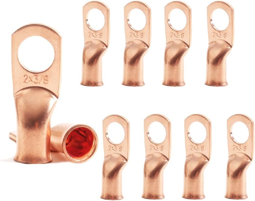 10pcs 2 AWG 3/8" Stud Copper Ring Terminals Battery Cable Ends Wire Lugs 2 Gauge Battery Cable Lugs Heavy Duty Cable Lugs Bare Copper Eyelets Tubular Ring Terminal Connectors