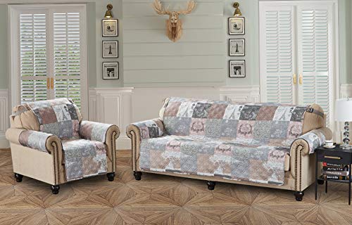 Brilliant Sunshine Paris and Toile Floral Patchwork X-Large Oversized Sofa Protector for Seat Width up to 78", Slip Resistant Furniture Slipcover, 2" Strap, Couch Slip Cover for Pets, Sofa, Latte Gray - Thumbnail 3