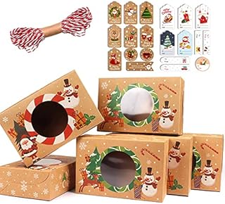 ZesNice 12 Pcs Christmas Cookie Boxes Gift Boxes Cupcake Boxes with Clear Window Paper Xmas DIY Cake Boxes with Tags for Party Gift Supplies