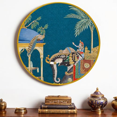 Image of Royal Elephant Mughal Garden Round Framed Wall Art Painting For Living Room | Traditional Indian Rajasthani Arched Jharokha Wall Art Painting With Frame for Home, Bedroom & Office, 16 Inch