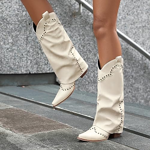 YIYA Women's Studded Western Cowboy Boots Fold Over Knee High Boots Pointed Toe Chunky Stacked Heel Cowgirl Pull-On Mid Calf Boots2