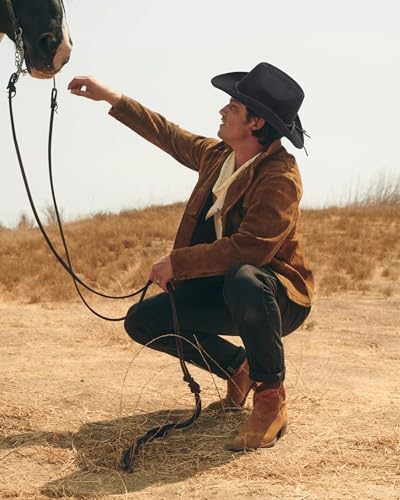 Image of Classic-Western-Cowboy-Hat Upturn-Brim Felt-Cowgirl-Hat Rodeo-Hats with Belt for Women Men (Fit for 22.4-23.2 inch)