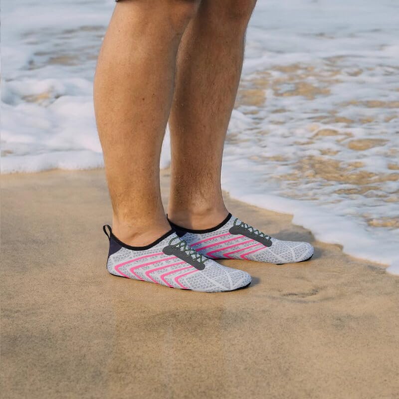 Mens Womens Water Shoes Quick Dry Barefoot Shoes Non-Slip Aqua Socks for Beach Swim Light Grey Pink