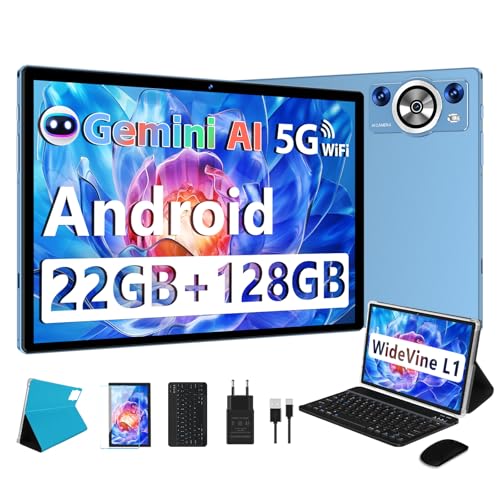 DEERTiME 2026 Tablet 10 Pulgadas Android Gemini AI, 22GB RAM+128GB ROM/TF 2TB, 8 Core 2.0 GHz, 8000mAh Batería, 5G WiFi, BT 5.0, Widevine L1, GMS, Widgets, Tablet con Funda, Teclado y Ratón   Azul
