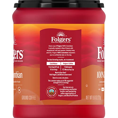 Image of Folgers 100% Colombian Coffee, Medium Roast Ground Coffee, 9.6 Ounce Canister