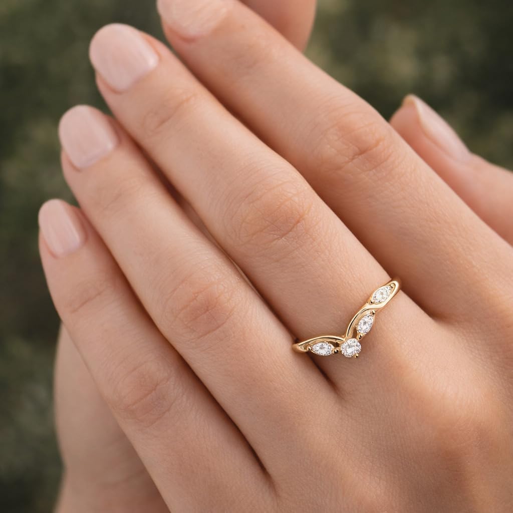 V Shape Chevron Diamond Band Engagement Ring 14K Solid Gold, Milgrain Diamond Wedding Band, Curved Wishbone Ring Dainty Promise Gift For Love
