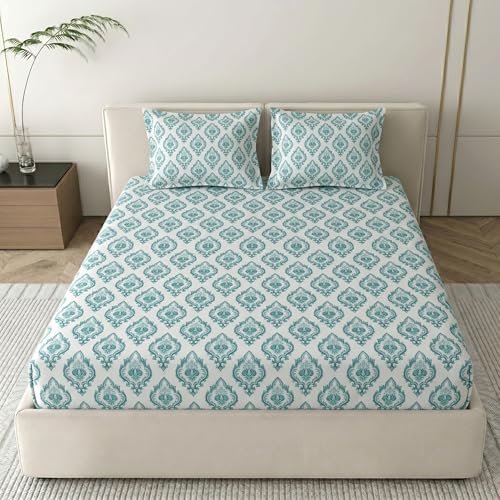 Image of Mafatlal 186 TC Grace Double Bed Pure Cotton Bedsheet | 90x100 Inch | Soft, Breathable & Lightweight | Durable & Fade Resistant | Includes 2 Pillow Covers | Dusky Aqua