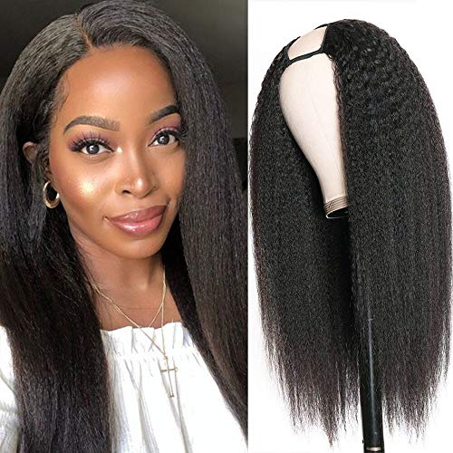 Aisiade Long Kinky Straight U Part Wigs for Black Women Half Wig Yaki Straight U Part Wigs Clip in Hair Extension Middle Part Wig Synthetic Black Straight Wigs Natural Hair Full Head