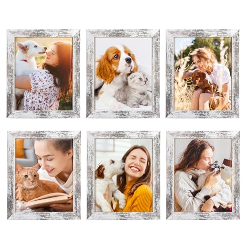 TWING 8×10 Rustic Picture Frames Set of 6 Distressed White Composite Wood Farmhouse Photo Collage Frame For Wall Decor Gallery Wall Frame Set Mounting or Table display Ideal Valentine Gifts for