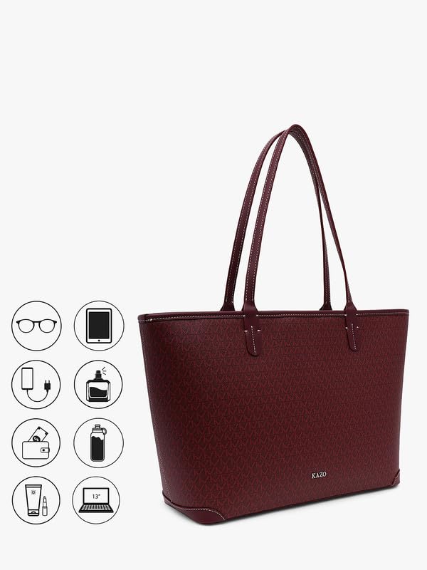 Image of Kazo Marcelle Tote | Premium Faux Leather Handbag for Women | Spacious Printed Shopper with All-Over KZ Logo | Fits 15 inch Laptop