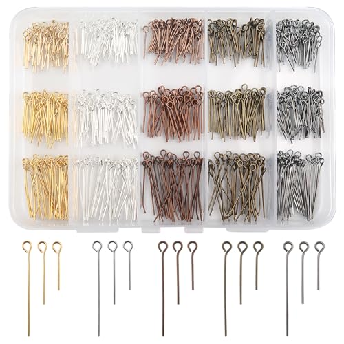 TOAOB 650pcs Eye Pins for Jewelry Making 16mm 20mm 30mm 5 Colors Metal Head Pins Findings for DIY Crafts Necklaces Bracelets Earrings