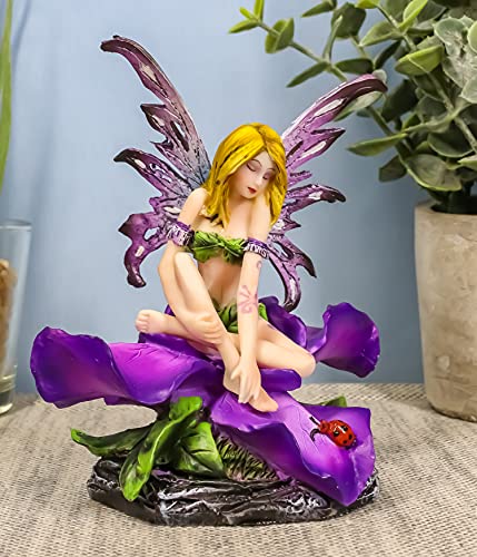 Ebros Beautiful Blonde Fairy Petunia With Ladybug And Purple Iris Flower Blossom Statue 4.5" Tall Mythical Fantasy Fae Magic Faery Pixies Sprites And Angels Themed Decor Figurine Sculpture #TOP30