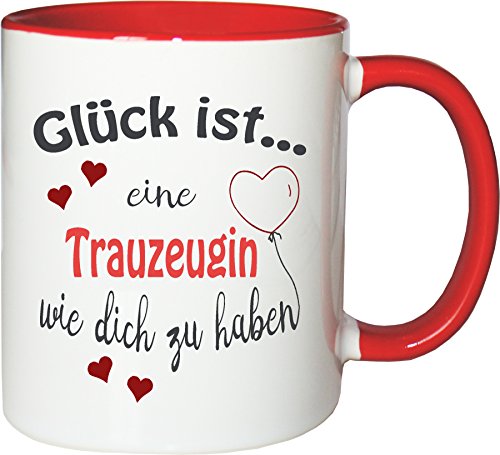 WarmherzIch Taza de café con texto en alemán "Glück ist..." con texto en alemán "Beste Freundin Hochzeit" en color blanco y rojo