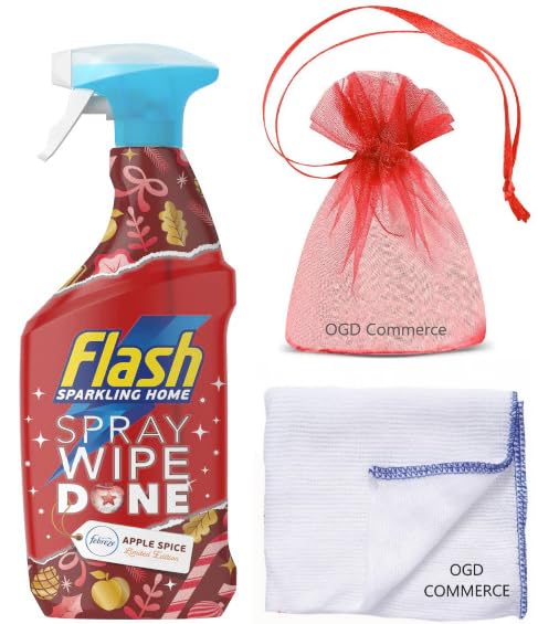 Flash Sparkling Home, Multi-Surface Cleaner Spray Wipe&Done, 800ml, Apple Spice Scent in Limited Edition + for You: 1x Cleaning Cloth + Organza Small Bag