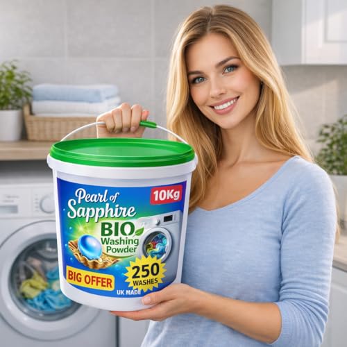 Bio washing Powder Family pack 10 Kg bucket – Powerful stain removal, Deep Clean, Fresh Linen Scent and Gentle on Skin - 250 Washes Made in UK Laundry Detergent