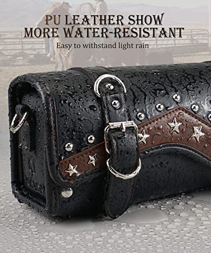 Nicecnc Motorcycle Fork Bag Handlebar Bag, Star Rivet Rock Style Vintage Pu Leather Classic Cowhide Lines, Waterproof Universal Motorcycle Tool Storage Bag Sissy Bar Side Tail Frame Bag, Brown #TOP2