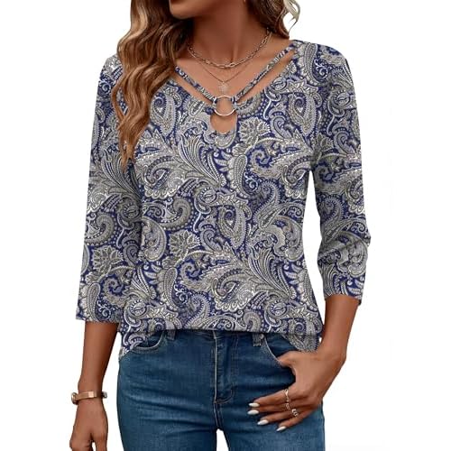 Rapbin 3/4 Length Sleeve Womens Tops Summer Cut Out Ring Keyhole Neck Dressy Casual Crew Neck Tee Shirts 2026 Dark Blue Paisley Medium