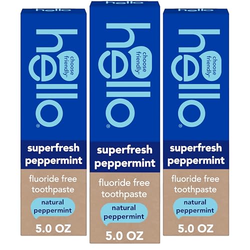 Hello Superfresh Natural Peppermint Fluoride Free Toothpaste for Bad Breath 5 Oz Minty Bad Breath Toothpaste SLS Free Vegan Helps Whiten Teeth by Removing Surface Stains (Pack of 3)