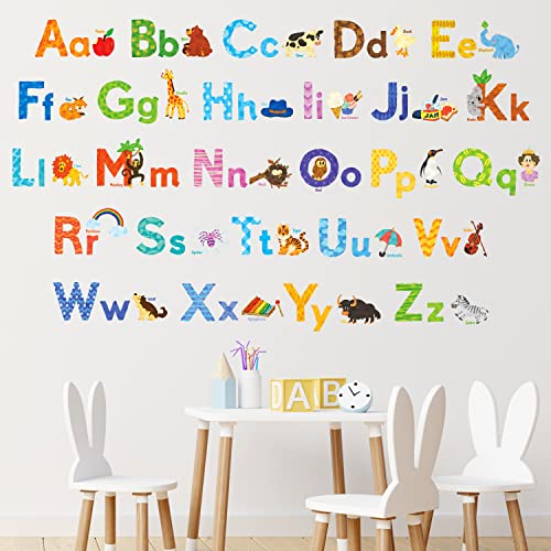 DECOWALL DS8-1608 Watercolour Animal Alphabet ABC Kids Wall Stickers Decals Peel and Stick Removable for Nursery Bedroom Living Room Art murals Decorations