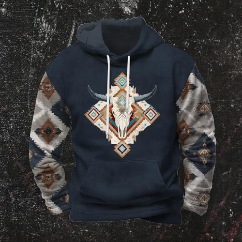 Mens Cowboy Hoodies Western Hooded Sweatshirts Casual Aztec Tribal Graphic Drawstring Pullover Hoodie with Pocket4