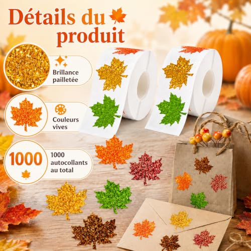 Lot de 1000 gommettes automne, stickers automne feuilles brillantes – vue 3