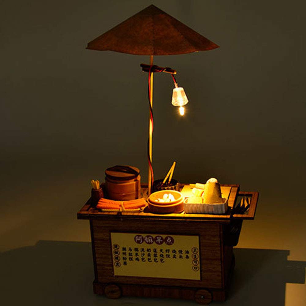 HEYANG Dollhouse Miniature Handmade House Kit Hong Kong Style Dining Car DIY Wooden LED Light Model Collection Crafts Birthday Gift Breakfast Cart