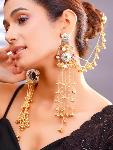 Image of Rubans Long Jhumka Earrings with Ear Chain Pearl Beaded Traditional Wedding Jewellery Gift for Women & Girls