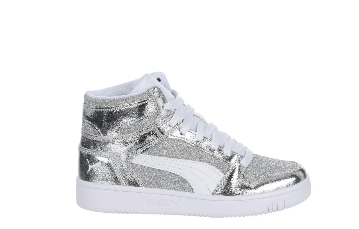 PUMA Buty dziecięce Rebound Layup Mid Shoes Unisex, Biały, srebrny Ss25, 38.5 EU