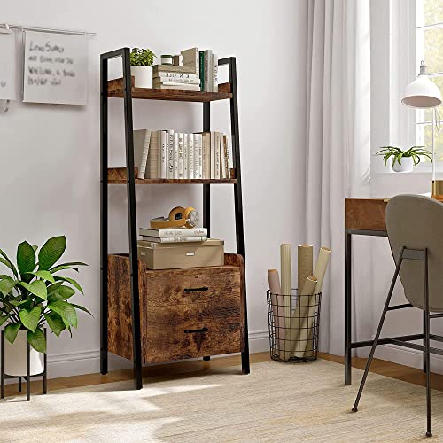 Fabato 3-Tier Ladder Shelf Bookcase With 2 Drawer Organizer Display Shelves Freestanding Bookshelf With Metal Frame For Living Room Office Kitchen Rustic Brown #TOP5