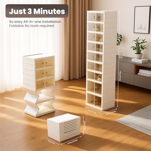 Image of Foldable Shoe Organizer Storage Box Set of 2, Portable Extra Large Folding Shoe Rack for Closet, Shoe Storage Box with Magnetic Transparent Door and Wheels, 9 Layers 18 Grids with 4 Big Grids