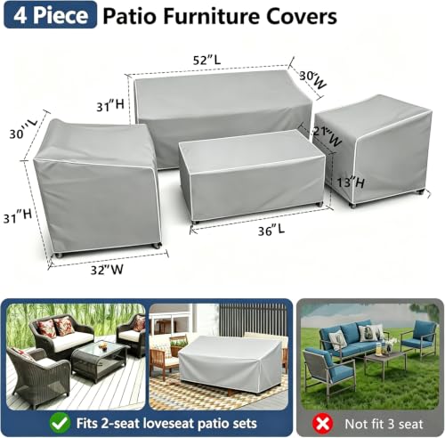 Image of STARTWO Patio Furniture Cover 4 Piece Set, Grey, Small | Outdoor Furniture Cover Waterproof for Loveseat, Lawn Chairs, Coffee Table, Windproof with Buckle Strap