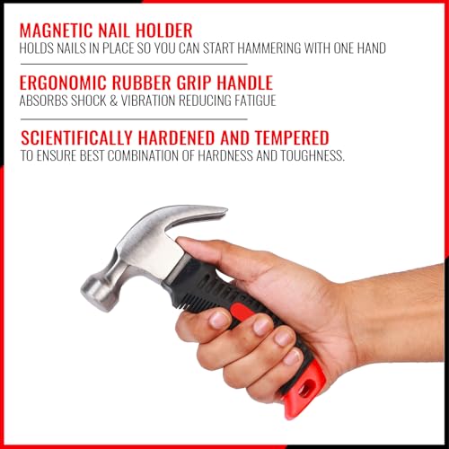 Image of Spartan Mini Claw Hammer, 1-Inch Carbon Steel Head, Short Non-Slip Rubber Handle (Red & Black), Stubby Hammer for Woodworking, DIY, Household & Car Glass Emergency