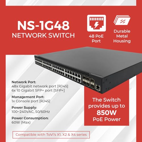 Image of ToVi 48 Port Gigabit PoE Switch with 6x10G SFP+ Uplink High Throughput 1U Rack Mount Switch with Web Based Management GUI PoE for IP Cameras Access Points and Designed for ToVi AV Products