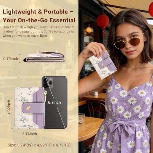 Image of YINHEXI Women's Wallet, Compact and Small Bifold PU Leather Card Holder, Mini Purse with Coin Pocket for Ladies, Girls (Floral Lavender)