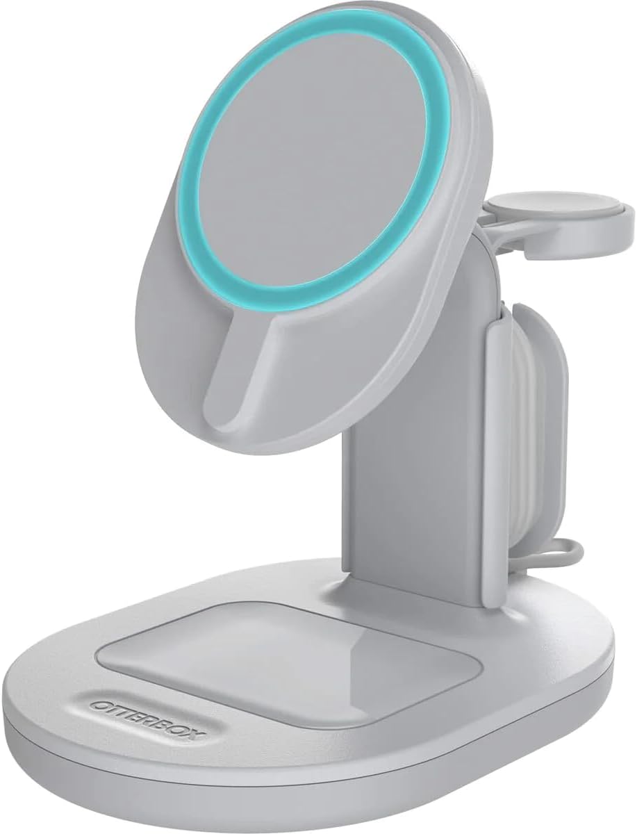 OtterBox Wi-fi 3 in 1 MagSafe Charging Stand, Sturdy Magnetic Alignment and Attachment with MagSafe, Glossy Multi-Devicie Charging Station for iPhone, AirPods and Apple Watch, White