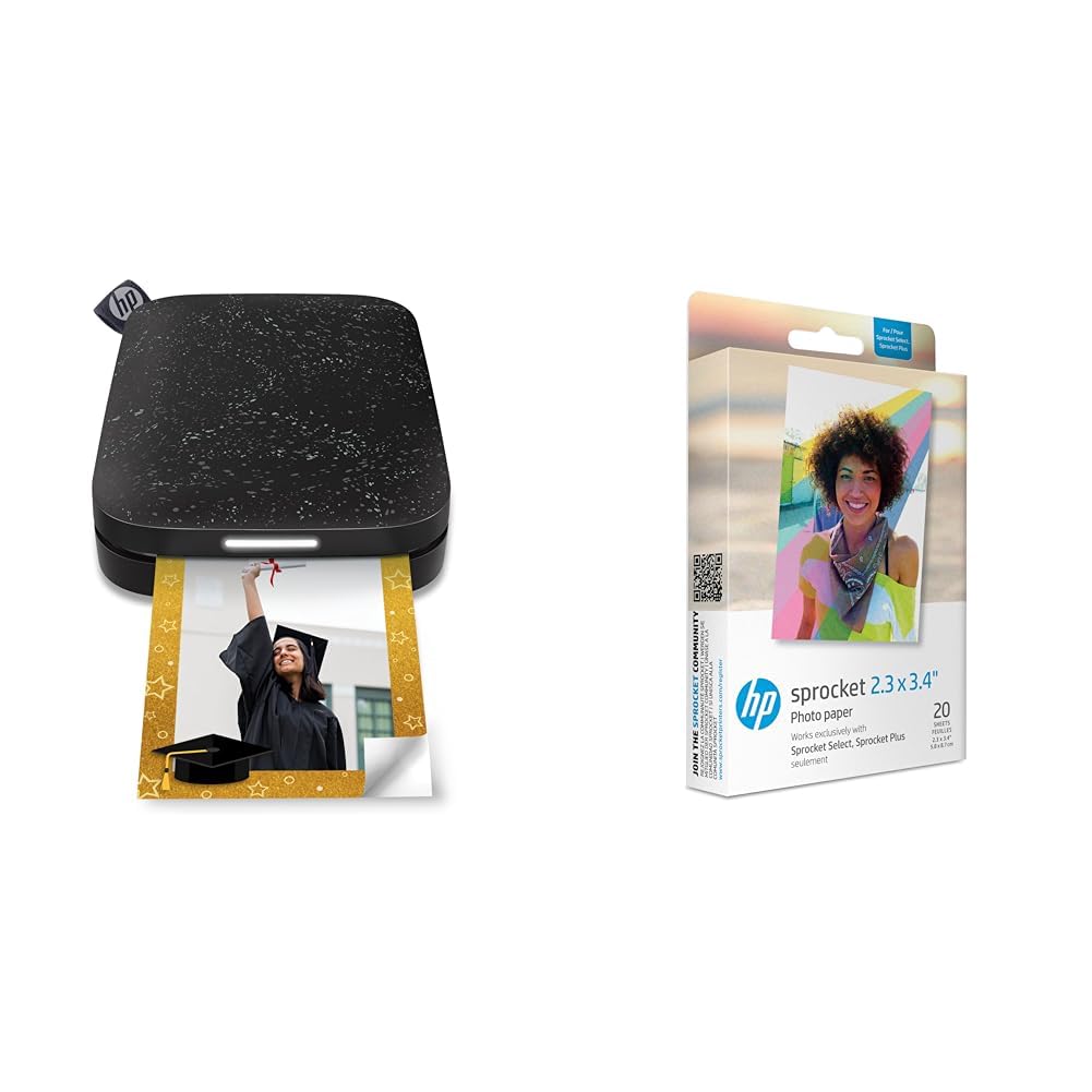 HP Sprocket Portable 5x7.6 cm Sofortbilddrucker (Schwarz) Sprocket 5.8x8.7 cm Premium Zink Sticker Fotopapier (20 Blatt) Kompatibel Sprocket Select Fotodruckern