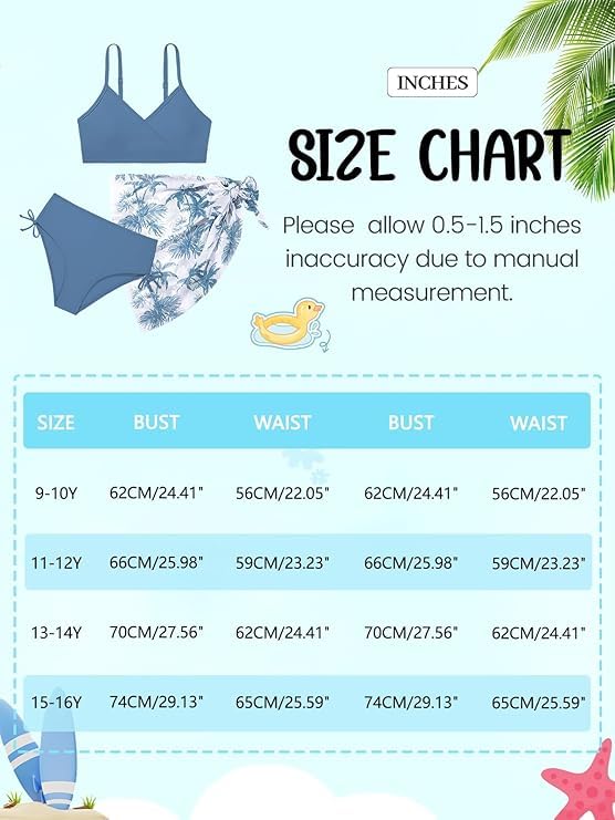Image of Girls Swimsuit V Neck Bikini Set Color Block with Cover Up Skirt 3 Piece Bathing Suits Tween Swimwear 9-16 Years