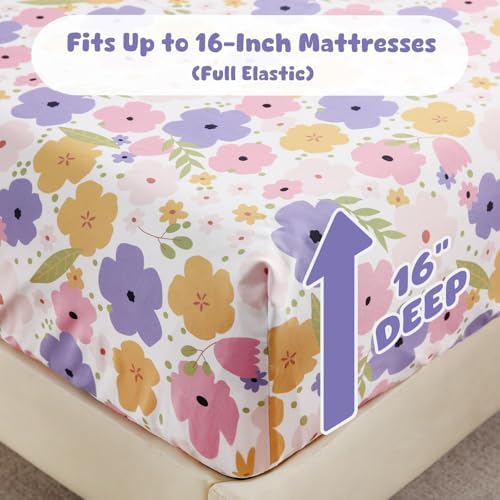 LONAVA Queen Sheet Set Kids - 4 Pieces Soft Microfiber Cartoon Style Bedsheets for Boys Girls Teens, Oeko TEX, Breathable Deep Pocket Sheets, (Flower) - Thumbnail 2
