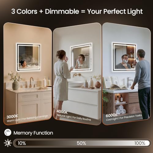 Image of 30x30 LED Bathroom Mirror with Anti-Fog, Backlit & Front Lit, Memory | Stepless Dimmable 3 Color CRI 95+ Shatterproof Tempered Glass ETL Listed for Safety Lighted Bathroom Vanity Mirror for Wall